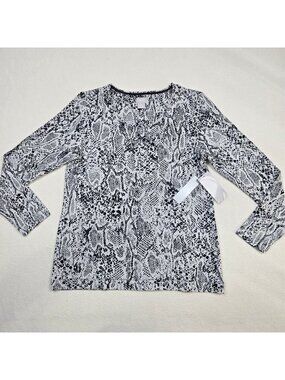 Chicos Size 1 M Long Sleeve Animal Print Top Black/Gray/White Stretch V-Neck NEW